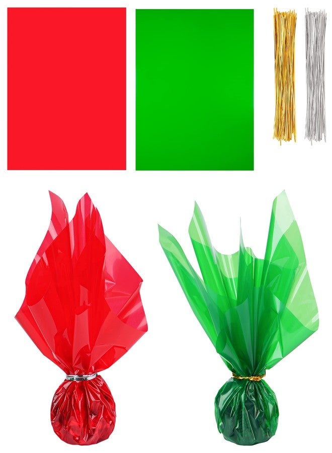 Shitailu 200Pcs Cellophane Sheets Christmas Plastic Wrap 2 Mix Colors Translucent Holiday Color Green, Red for Easter X-Mas Valentines DIY Craft Present Wrap Treats, Baskets, 12 x 12 inch (Christmas) - Image 1